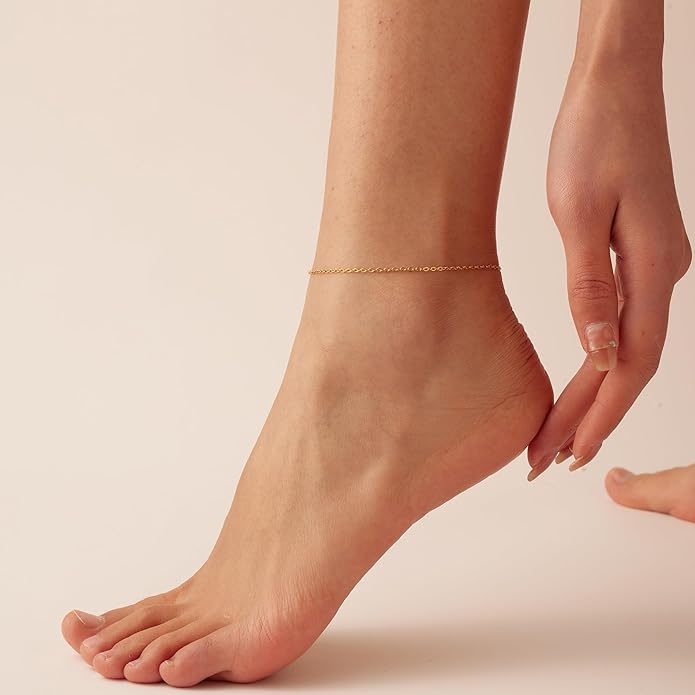 Ankle Bracelets for Women Dainty 18K Gold Plated Anklet Waterproof Round Beaded Paperclip Herringbone Pearl Chain Anklets Waterproof Beach Foot Jewelry