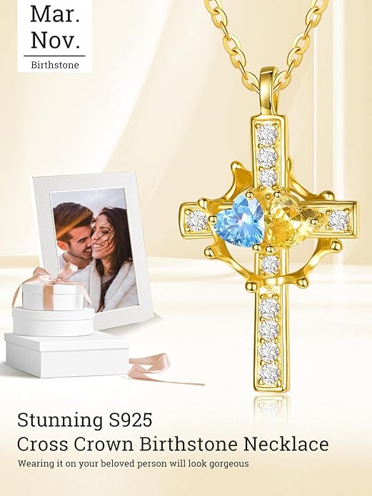 Zeuslia Double Birthstone Necklace Gifts for Wife - 925 Sterling Silver Sunflower/Rose/Crown Cross/Compass/Heart Pendant I Love You Necklace, Anniversary Birthday Gifts for Wife Girlfriend Mom Her