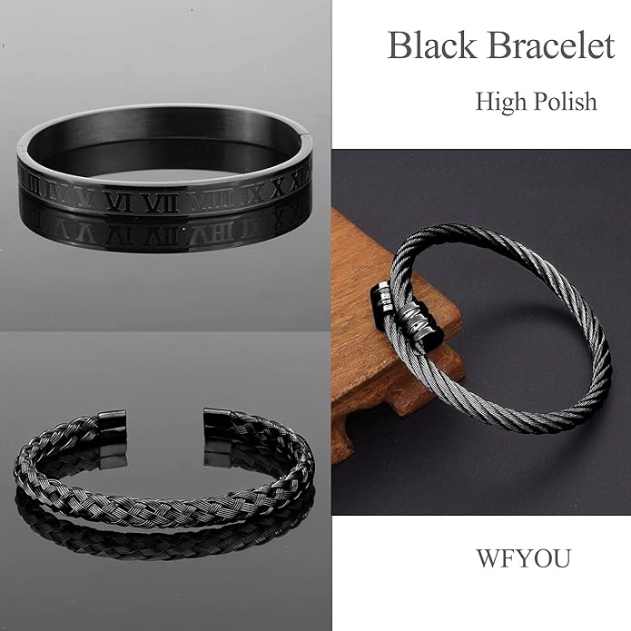 WFYOU 3PCS Stainless Steel Bracelets for Men Gold Roman Numeral Bangle Bracelet Twisted Cable Bracelet Adjustable Cuff Bracelet Mens Luxury Jewelry Bracelets Gifts