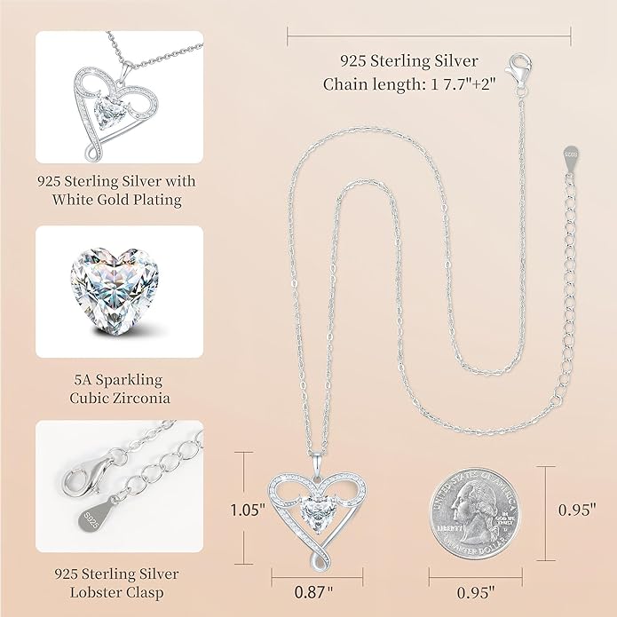 Infinity Necklace for Women, 925 Sterling Silver Heart Necklace with 5A Zircon, White Gold Plated Adjustable Chain, Gift for Valentine's Day, Birthday, Anniversary for Wife, Girlfriend, Mom