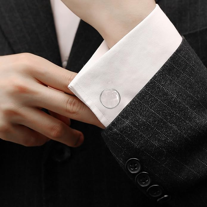 ZEEY Silver Mother of Pearl Shell Cufflinks for Men Women Round Office Men's Cufflink Jewelry Set for Business Wedding Party Formal Events Daily Tuxedo Dress Shirt Accessories