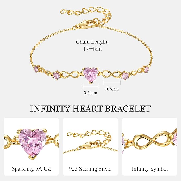 G&GEMSJEW Infinity Heart Birthstone Bracelets for Women, 925 Sterling Silver Women Charm Link Bracelet Adjustable, Birthday Anniversary Christmas Jewelry Gifts for Women Wife Mom Girlfriend Her