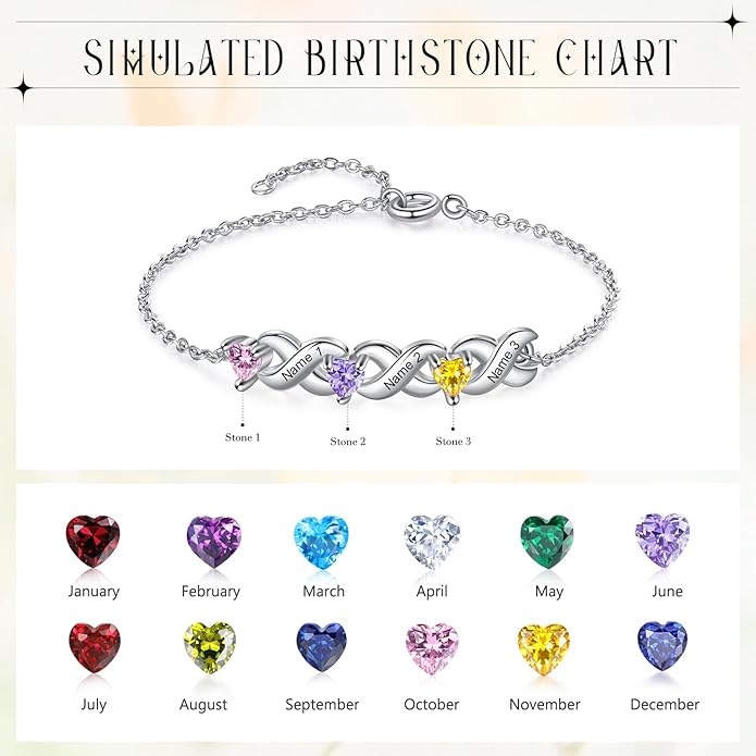 Personalized Custom Name Heart Bracelet with 1-6 Birthstone Bracelets for Women Engraved Family Names Link Bracelets for Mother's Day Mom Daughter