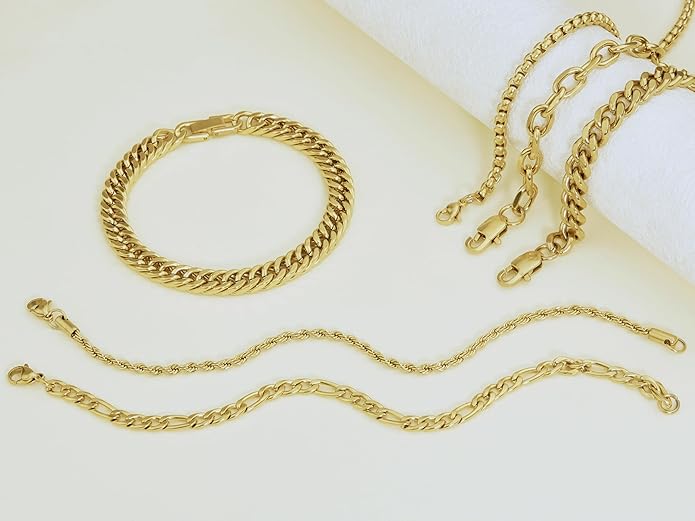 XIANNVXI 6pcs Stainless Steel Bracelets for Men Women Silver/Gold/Black Cuban Link Rope Paperclip Chain Bracelets Set 6.5/7/7.5/8.3/9 Inches Metal Bracelet Mens Fashion Accessories Jewelry Set