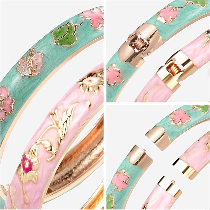 UJOY Cloisonne Bracelet Butterfly Hinge Indian Cuff Bangle Enameled Jewelry Flower Bracelets for Women Gift Box 55A114