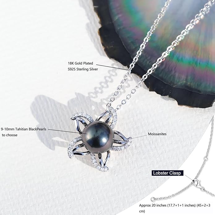 Genuine Tahitian Black Pearl Necklace for Women, 9-11mm AAAA Seawater Pearl with Sterling Silver Moissanite Pendant, Jewelry Gift for Wife, Mom, Girlfriend, Wedding Anniversary, Birthday, Christmas