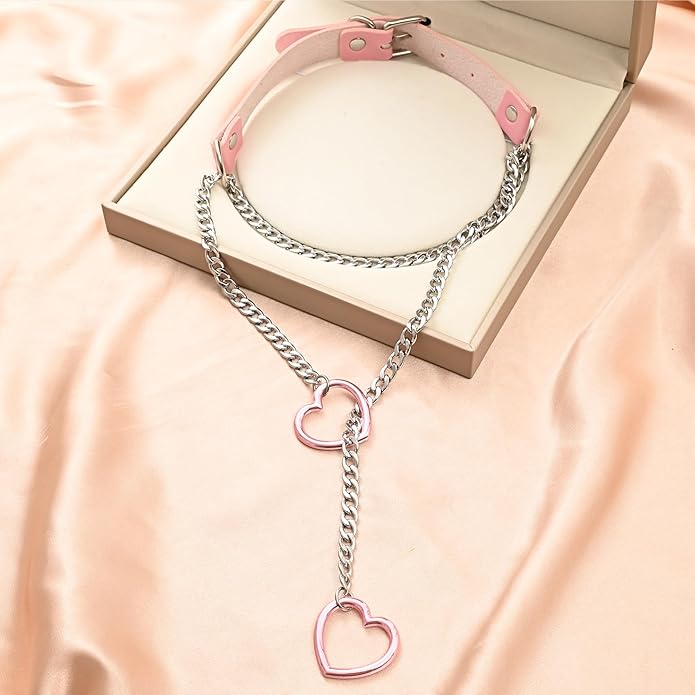 Leather Choker Slip Chain Necklace Stainless Steel Cuban Link Long Necklaces Gothic Punk Heart Chain Necklace Handmade Collars for Women