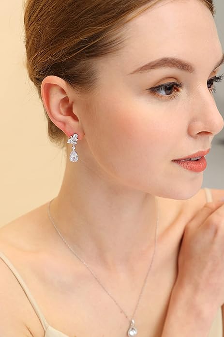 EAMTI Teardrop Wedding Earrings for Women Cubic Zirconia Dangle Bridal Earrings 925 Sterling Silver Post Pear Cut Earring for Prom Bridesmaid