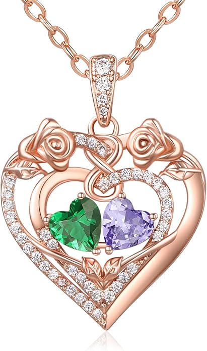 JIYVY32 Rose Heart Necklace for Women Exquisite 925 Sterling Silver Anniversary Birthday Gifts for Wife Mom Her Double Birthstone Pendant Jewelry