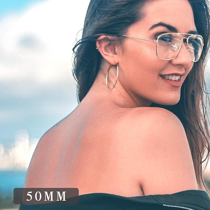 FOCALOOK 14K Gold Plated Lightweight Large Hoops| 2mm Thin Hoop Earrings for Women 30/40/50/70/100mm