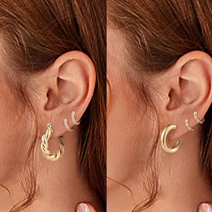 6 Pairs Gold Hoop Earrings for Women, 14K Gold Plated Chunky Huggie Hoop Earrings Set Hypoallergenic, Lightweight Twisted Open Hoops Jewelry for Christmas/Birthday Gifts.