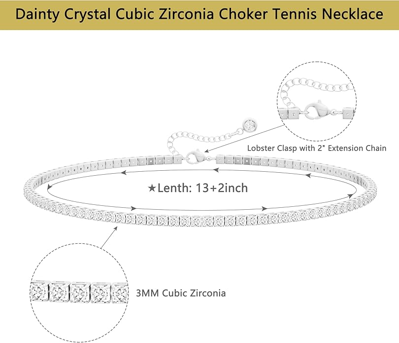 Tennis Necklace for Women, 14K Gold/Silver Plated Rhinestone Choker Necklaces for Women, Dainty Cubic Zirconia Cut Faux Diamond Chain