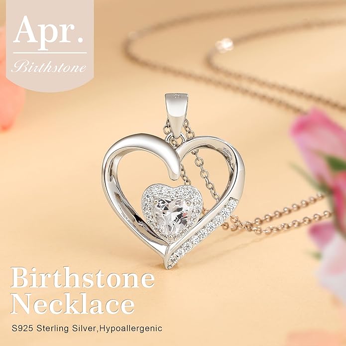GLIVEOR Heart Birthstone Necklace for Women,S925 Sterling Silver Necklace Birthstone Necklace Heart Necklace for Women Birthday Jewelry Gifts for Women
