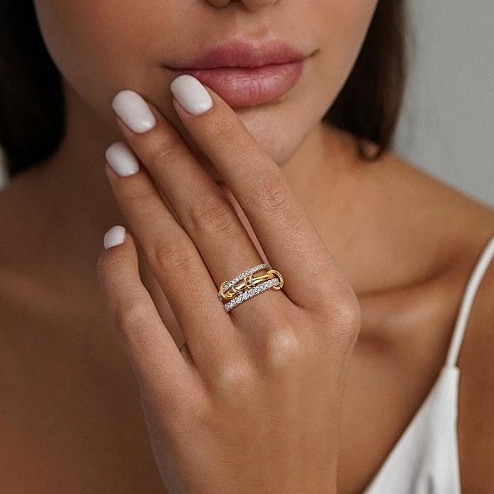 Gold Stackable Rings for Women Non Tarnish, 18K Gold Plated CZ Cubic Zirconia Rings, Golden Rings Set, Multi-Link Connected Rings