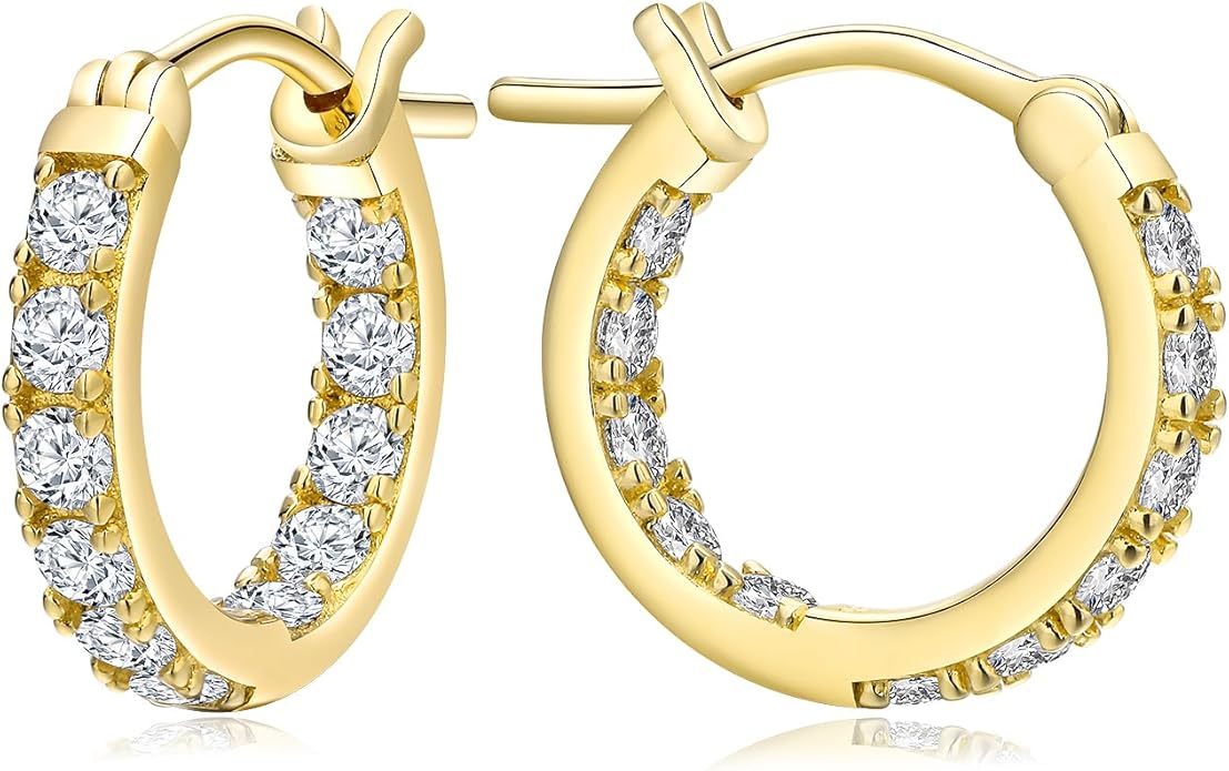 Yellow Gold Plated/925 Sterling Silver Sparkle Cubic Zirconia Hoop Earrings for Women fit Sensitive Ears 14mm/20mm/26mm Huggie/Medium/Large Hoops(with Gift Box)