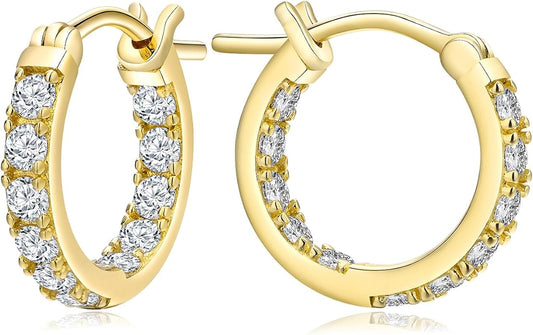 Yellow Gold Plated/925 Sterling Silver Sparkle Cubic Zirconia Hoop Earrings for Women fit Sensitive Ears 14mm/20mm/26mm Huggie/Medium/Large Hoops(with Gift Box)