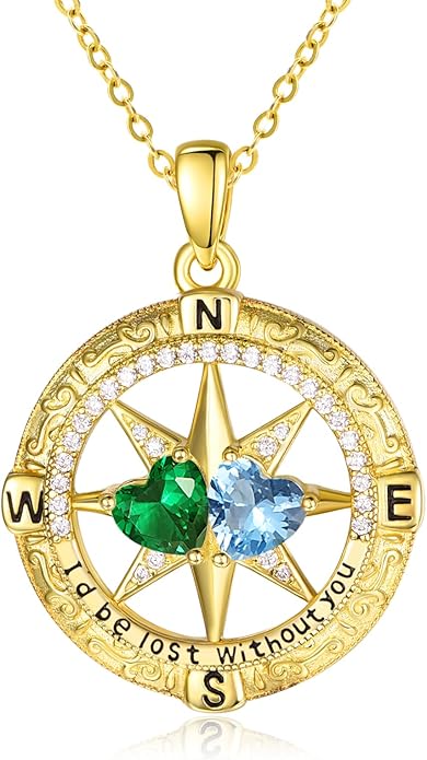 Zeuslia Double Birthstone Necklace Gifts for Wife - 925 Sterling Silver Sunflower/Rose/Crown Cross/Compass/Heart Pendant I Love You Necklace, Anniversary Birthday Gifts for Wife Girlfriend Mom Her