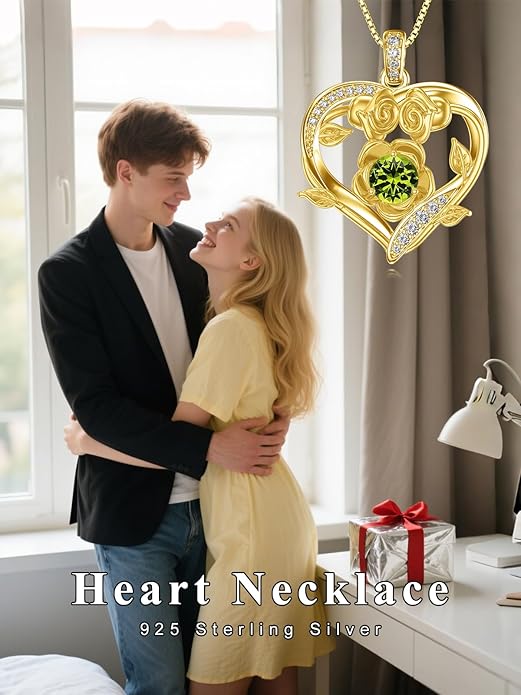 Midari 18K Gold Heart Birthstone Necklace for Women Rose Pendant Birthday Jewelry Gifts for Wife Her Daughter Mom
