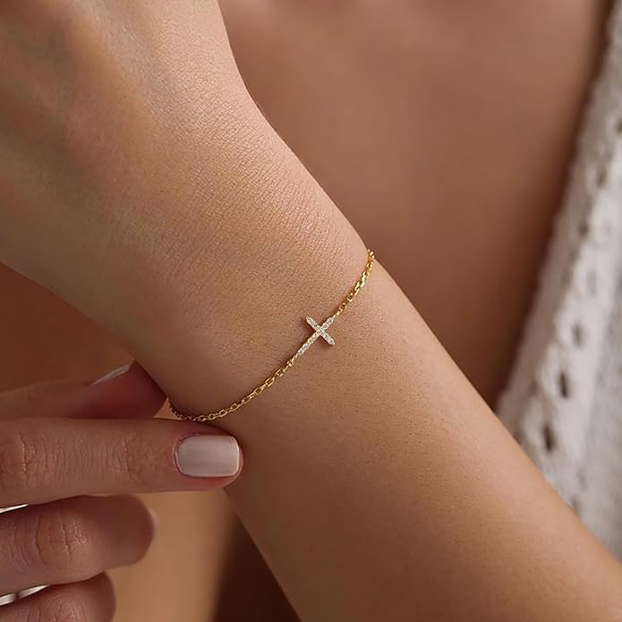 Moodear Christmas Gifts Sotcking Stuffers, Dainty 925 Sterling Silver/14k Gold Plated CZ Cross Bracelet Layered Snake Pearl Chain Knot Bracelets for Women Trendy Religious Christian Jewelry