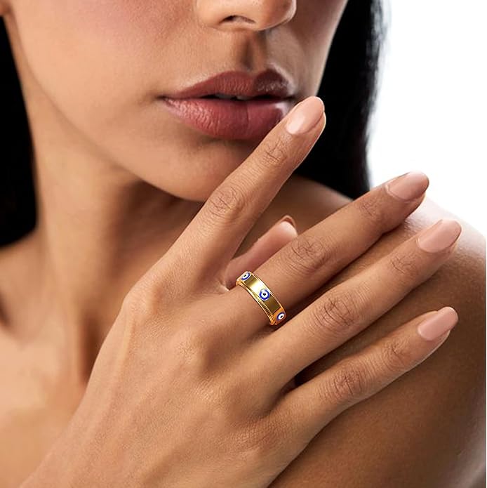 Evil Eye Fidget Ring for Women - 18K Gold Plated Stainless Steel Spinner Rings for Anxiety Relief, Ojo Turco Ring Luck Amulet, Turkish Faith Protection Stackable Jewelry Gift for Women Men
