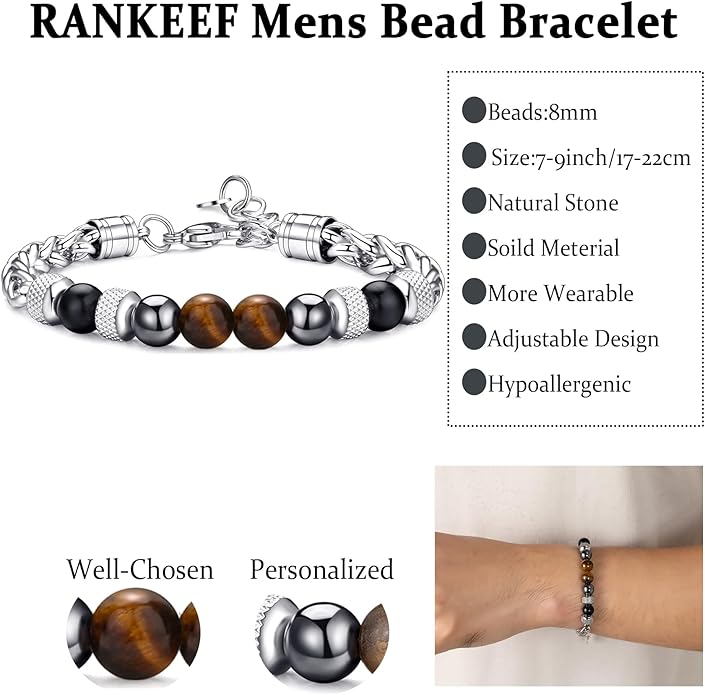 RANKEEF Mens Bead Bracelet Set - Adjustable Elastic Rope With 6&8MM Natural Stone Multi-Colored Beads - Tiger Eye Bracelets for Men - Gift