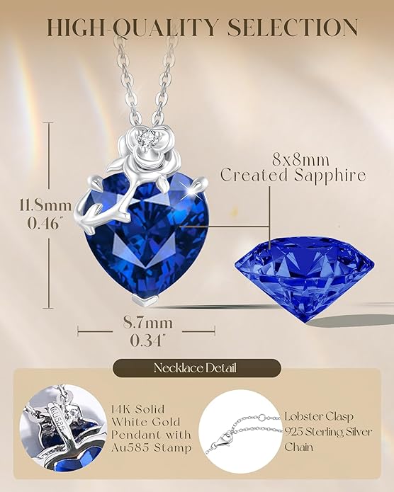 FANCIME 14K Solid White Gold Rose Pendant with Sterling Silver Chain Heart Birthstone Gemstone Fine Jewelry Christmas Gifts for Women Her