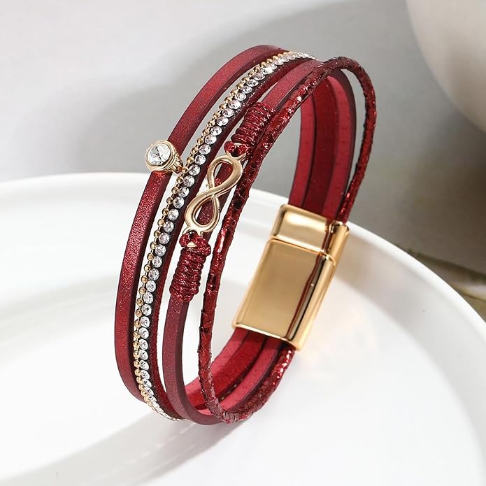 Fesciory Leopard Bracelet for Women, Boho Leather Wrap Multi-Layer Pearl Crystal Bracelet Bangle Jewelry