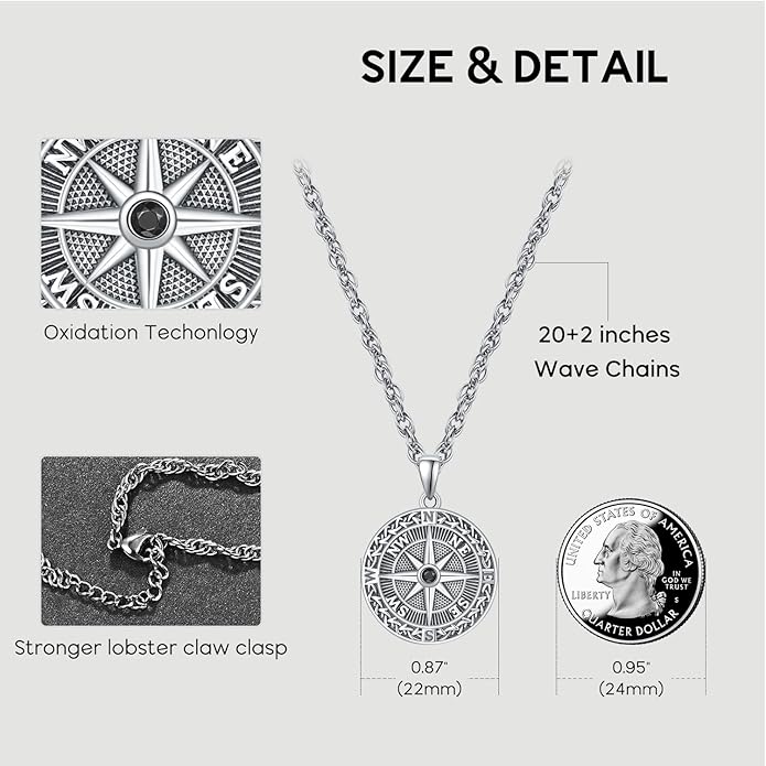 KINGWHYTE Compass Necklace for Men 925 Sterling Silver Birthday Gifts Graduation Travel Jewelry for Husband Brother with Stainless Steel Chain