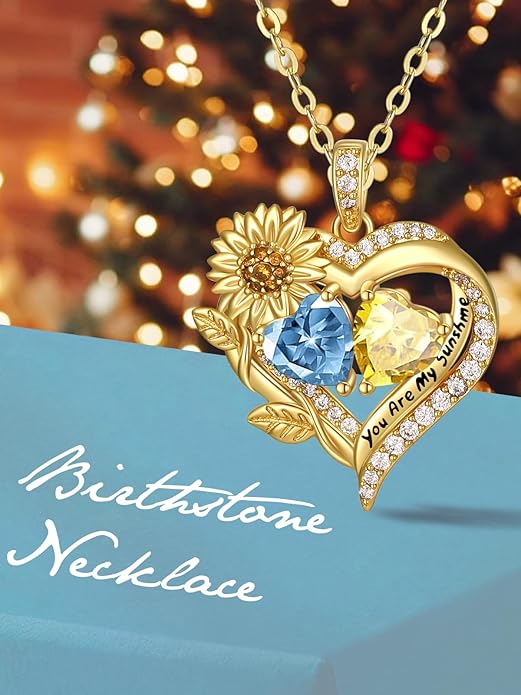Sunflower Heart Necklace for Women 14K Gold Exquisite Anniversary Birthday Gifts for Wife Mother Her Double Birthstone Pendant jewelry‘You Are My Sunshine’