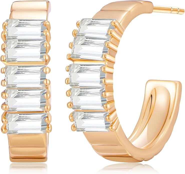 14K Gold & Rose Gold Hoop Earrings for Women, Chunky Huggie Half Hoops Earrings, Hypoallergenic Non Tarnish Cubic Zirconia Trendy Minimalist Everyday Jewelry Gift