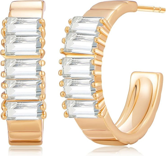 14K Gold & Rose Gold Hoop Earrings for Women, Chunky Huggie Half Hoops Earrings, Hypoallergenic Non Tarnish Cubic Zirconia Trendy Minimalist Everyday Jewelry Gift