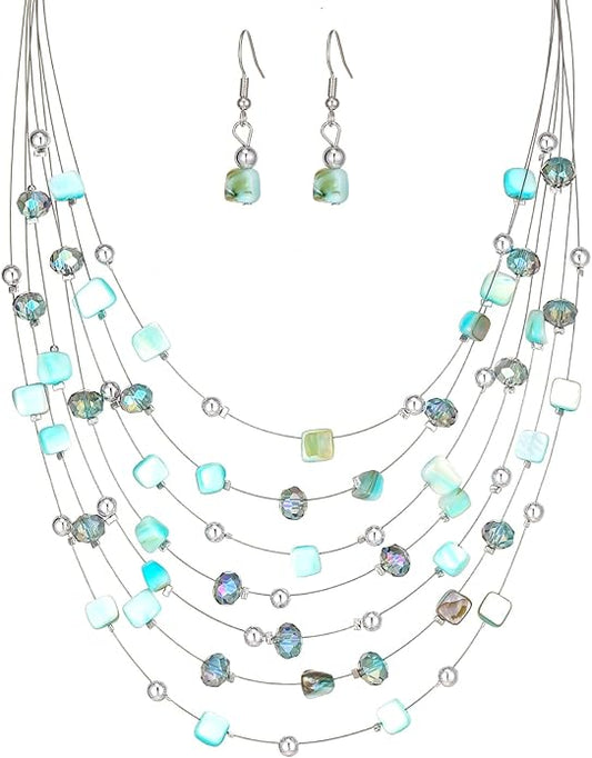 Multi-Layer Boho Shell Beaded Necklace for Women Colorful Crystal Strand with Silver Beads Statement Collars Necklace and Earrings Costumes Jewelry Sets for Women