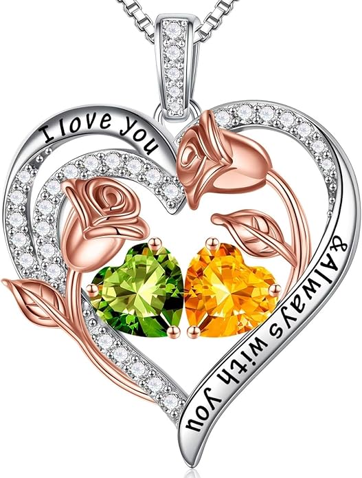 Iefil Birthstone Necklace for Women - 925 Sterling Silver Rose Heart Birthstone Necklace Birthday Anniversary Jewelry Gifts for Her Wife Mom Daughter