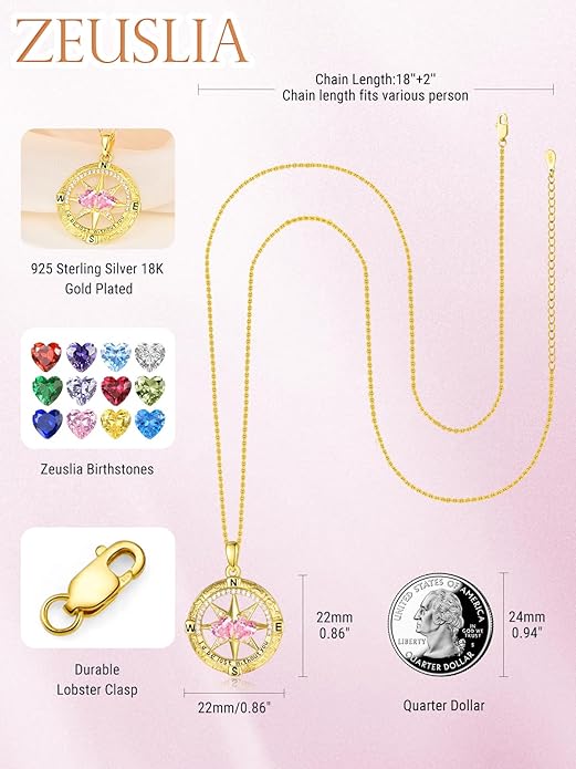 Zeuslia Double Birthstone Necklace Gifts for Wife - 925 Sterling Silver Sunflower/Rose/Crown Cross/Compass/Heart Pendant I Love You Necklace, Anniversary Birthday Gifts for Wife Girlfriend Mom Her