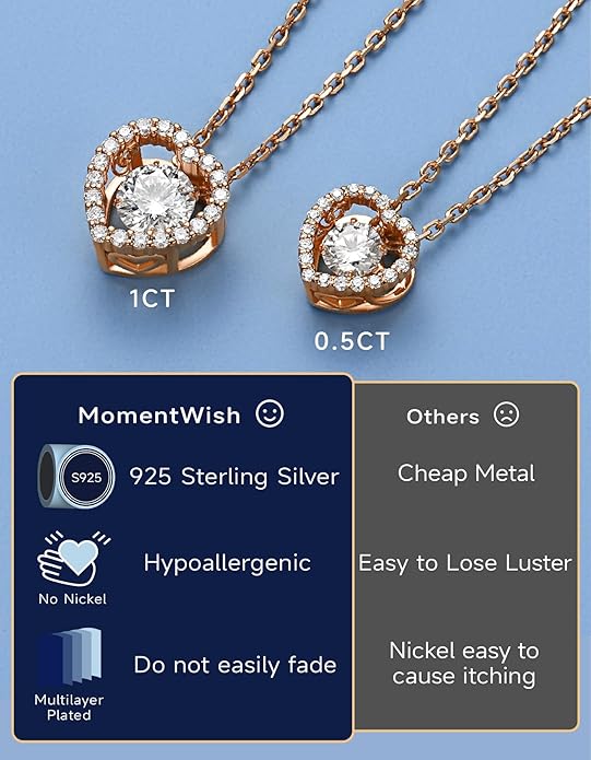 MomentWish Dancing Heart Necklace for Women, 0.5/1 Carat Dancing Moissanite Necklace for Her 925 Sterling Silver Pendant Anniversary Birthday Christmas Gift for Wife Mom Girlfriend