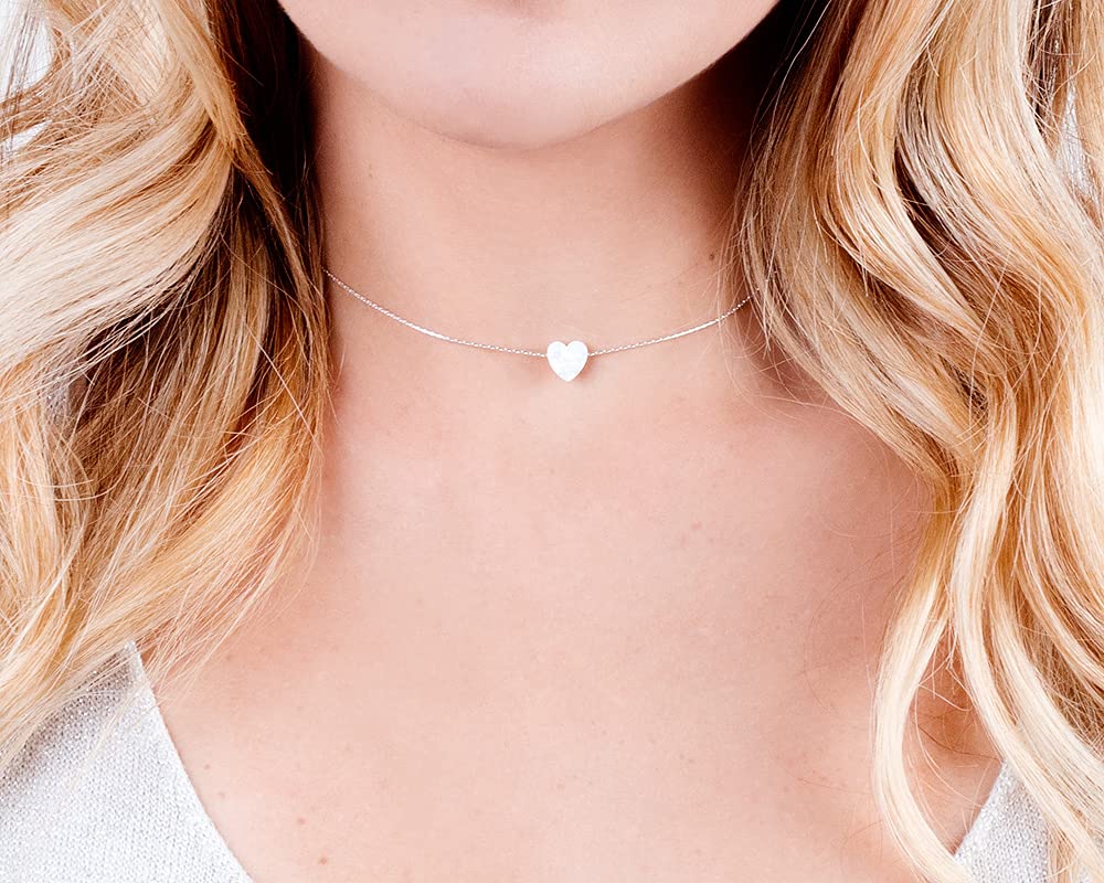 White Opal Heart On Sterling Silver 925 Choker Necklace - Designer Handmade Minimal Necklace for Women - Length: 13.5 inch + 3 inch Extender (sterling silver, white)