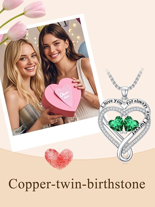 I Love You for Awlays and Forever Double Heart Necklace with Birthstone, 2 Birth Stone Jewelry Anniversary Valentines Mothers Day Christmas Birthday Gifts for Women Her Wife Girlfriend Mom Mother