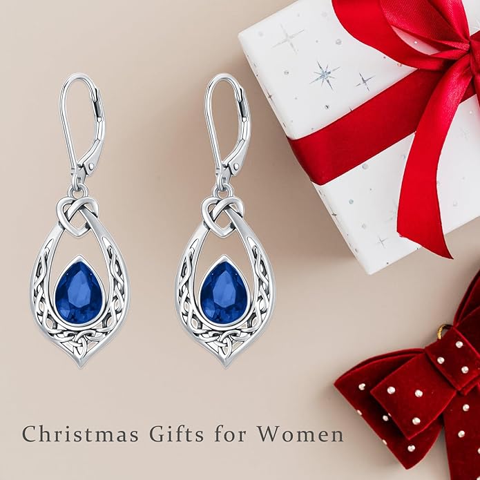 Celtic Knot Dangle Earrings 925 Sterling Silver Oxidized Vintage Drop Leverback Earrings with 8 * 6mm Simulated Birthstone Crystal Christmas Jewelry Gifts for Women (Gift Box)