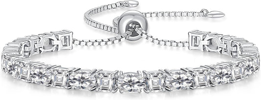 Sterling Silver Birthstone Bracelets for Women White Gold Tennis Bracelets Adjustable Chain 6-9 Inchs Jewelry Hypoallergenic Anniversary Birthday Gifts for Women Mom Wife Her