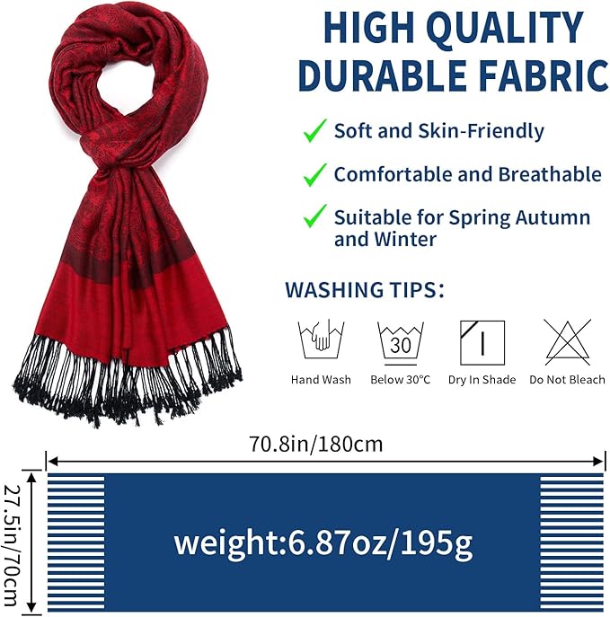 QIUTIMIY Paisley Pashmina Shawl Wrap Women Reversible Vintage Jacquard Pashmina Rave Scarf with Fringe for Evening, Wedding