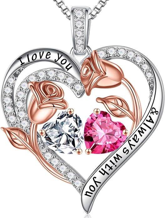 Iefil Birthstone Necklace for Women - 925 Sterling Silver Rose Heart Birthstone Necklace Birthday Anniversary Jewelry Gifts for Her Wife Mom Daughter