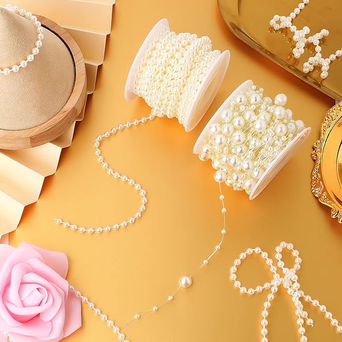 Bonuci 3 Rolls 66 Feet Pearls String Garland Faux Pearl Garland Spool Roll Strand Decoration Artificial Beads Chain Trim for Crafting String of Flowers Valentine Wedding Party(Ivory,4mm)