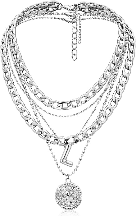 MJartoria Layered Necklaces for Women Trendy Balloon Initial Coin Pendant Necklace Dainty Chunky Chain Choker Necklaces Jewelry Birthday Gifts
