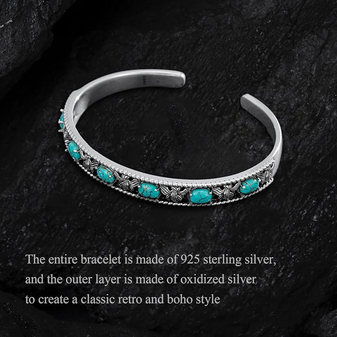 Native American Genuine Turquoise Cuff Bracelet for Women 925 Sterling Silver Turquoise Boho Bangle Adjustable Fit for 6.5 to 7.5 Inch