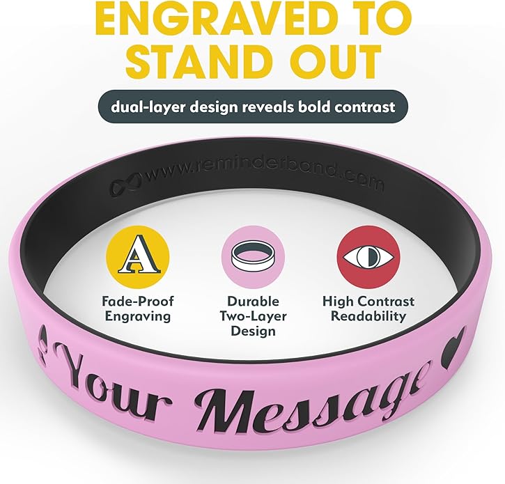 Reminderband Custom 100% Silicone Luxe Wristbands – Personalized Motivational Bracelets, Bulk Rubber Bands for Events, Fundraisers, Awareness, Gifts - Hypoallergenic Bands