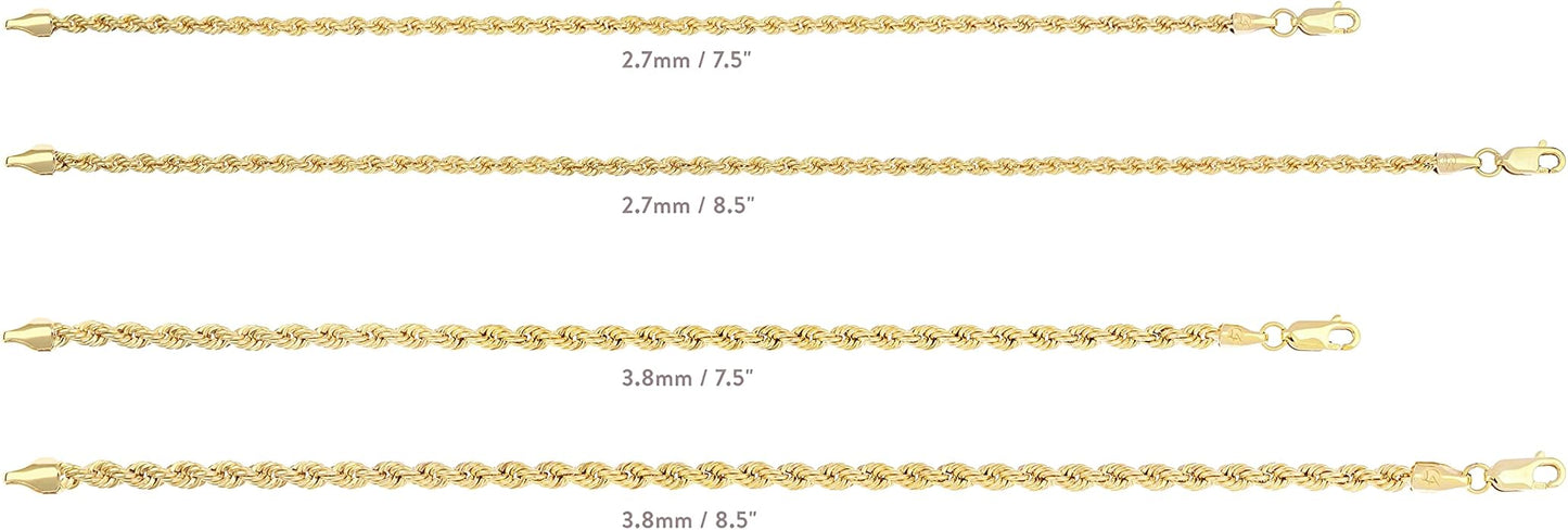 Jewelry Atelier Gold Filled Chain Bracelet Collection - 14K Solid Yellow Gold Filled Rope Chain Bracelets for Women and Men with Different Sizes (2.7mm, 3.8mm)