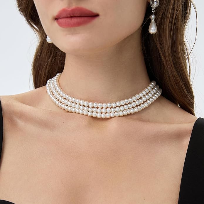 BABEYOND Round Imitation Pearl Necklace Vintage Multi Strands Necklace 20s Flapper Necklace for Party