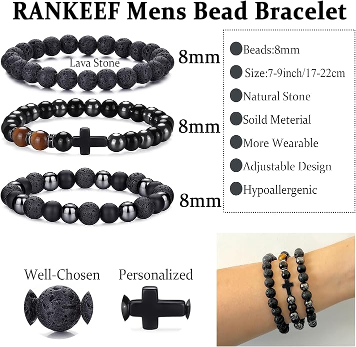 RANKEEF Mens Bead Bracelet Set - Adjustable Elastic Rope With 6&8MM Natural Stone Multi-Colored Beads - Tiger Eye Bracelets for Men - Gift