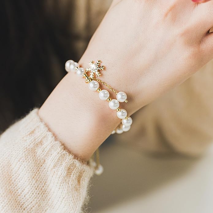 Cowlyn Pearl Bracelets for Women - Dainty 14K Gold Plated Beaded Pearl Link Chain Birthday Christmas Jewelry Gifts for Women