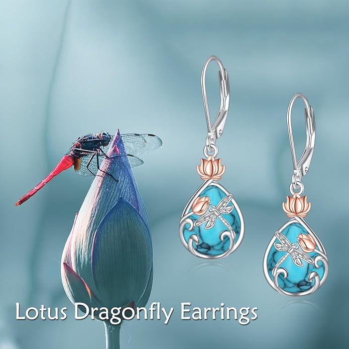 AOBOCO Butterfly/Dragonfly/Bee/Ladybug Leverback Earrings 925 Sterling Silver Rose Lotus Tulip Flower Filigree Dangle Earrings Teardrop Moonstone Larimar Turquoise Abalone Shell Jewelry Birthday Gifts for Women